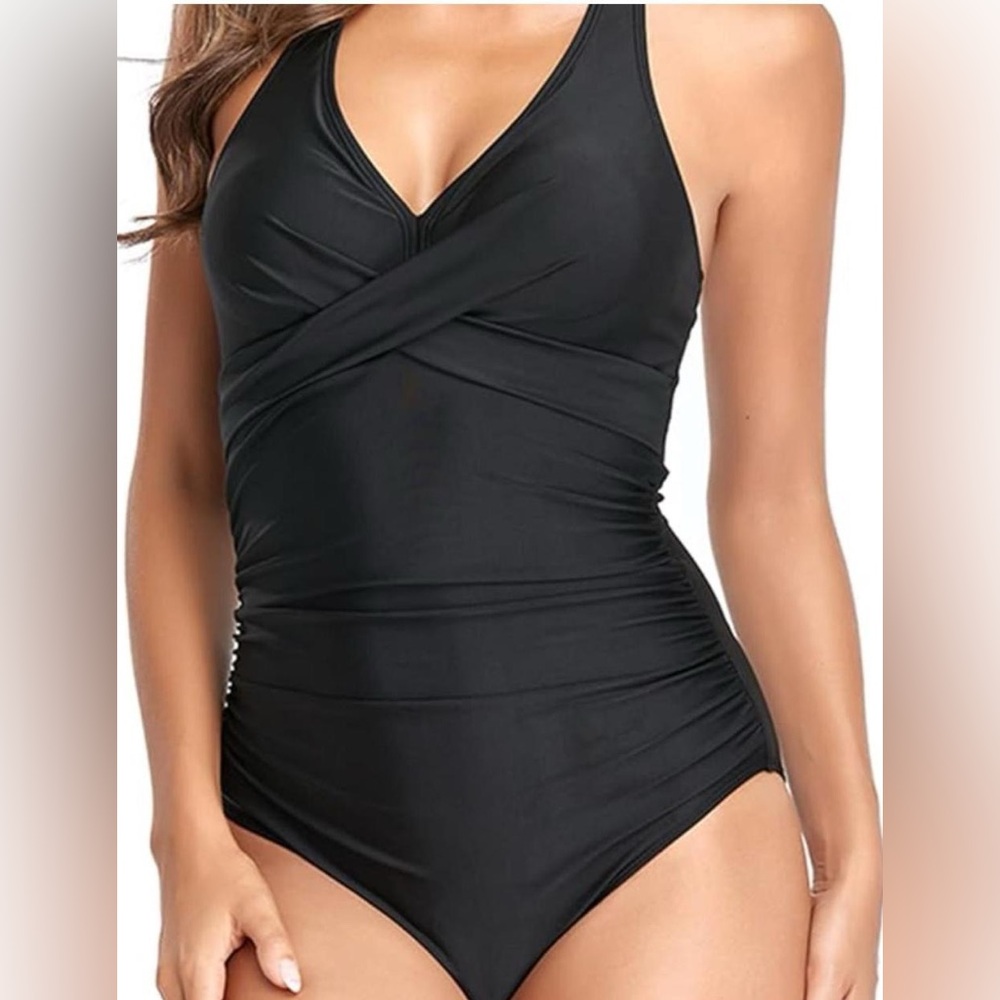 Sleek Black V-Neck One-Piece Swimsuit with Ruched Waist